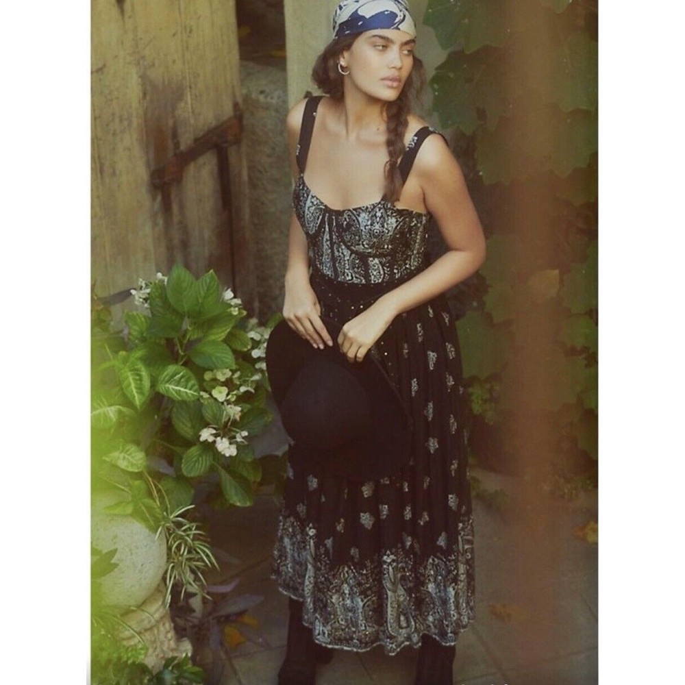 Anthropologie Beaded Floral Midi Dress Medium